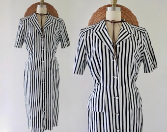 navy stripe dress - m - vintage 80s 1980s 90s 1990s womens blue white striped minimal short sleeve size medium