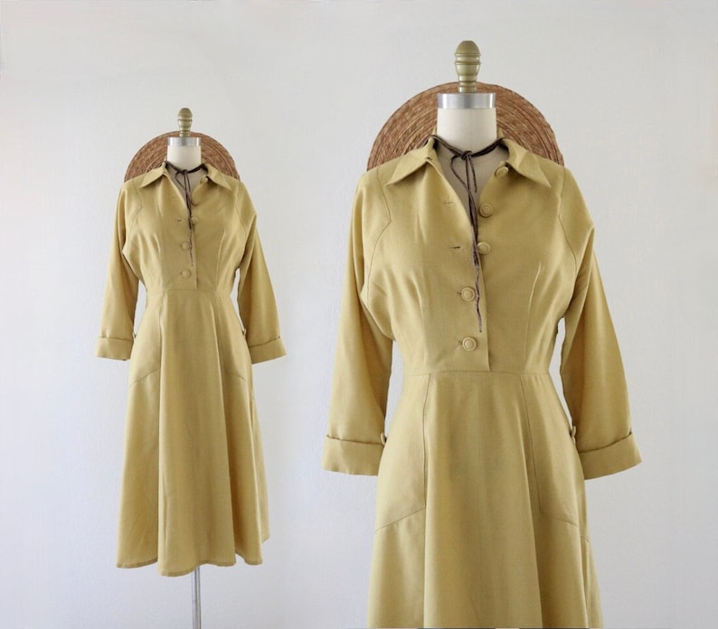 40s marigold wool dress 4 vintage forties womens long sleeve mid century small gold yellow dolman dress image 1