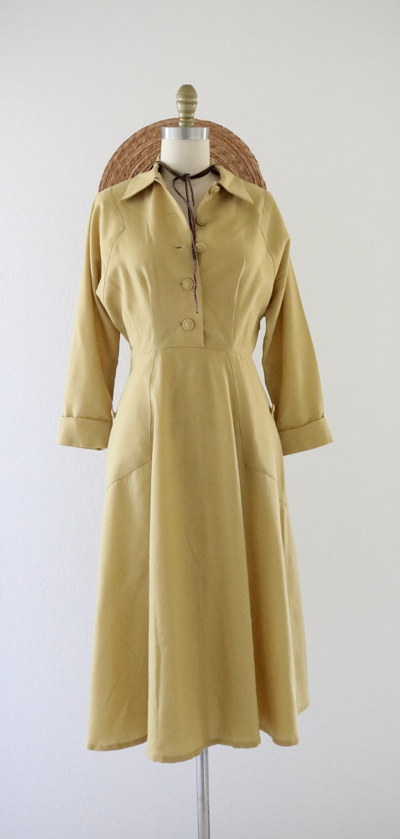 40s marigold wool dress - 4 - vintage forties womens long sleeve mid century small gold yellow dolman dress