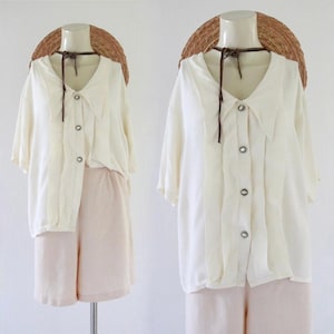 ivory button top - m - vintage 90s 1990s womens white cream short sleeve minimal cute cottage