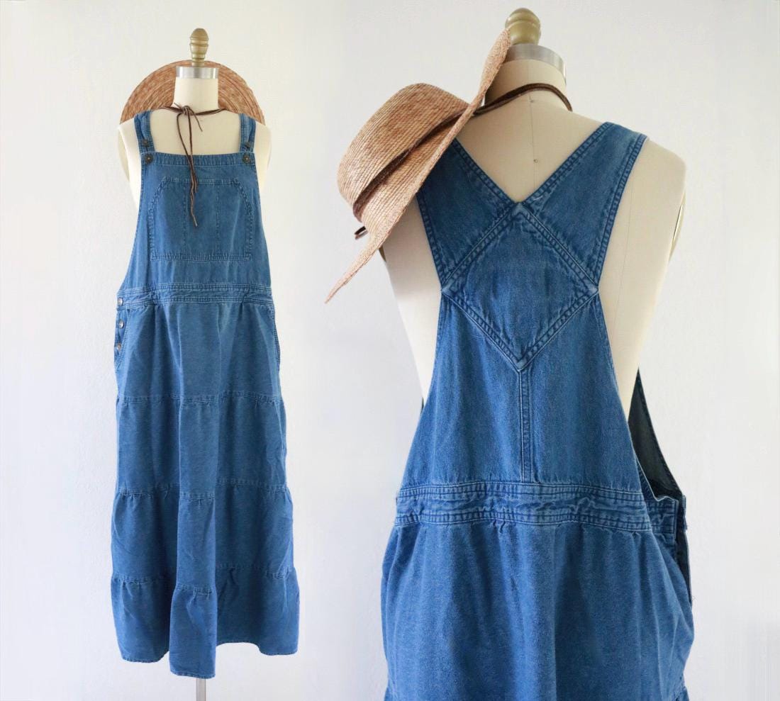 denim overall dress - xl - vintage 90s y2k jean apron jumper casual minimal simple womens xlarge maxi tiered skirt