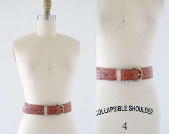 worrrn tooled leather belt - 31-35 - unisex mens womens boho hippie brown tan hippie
