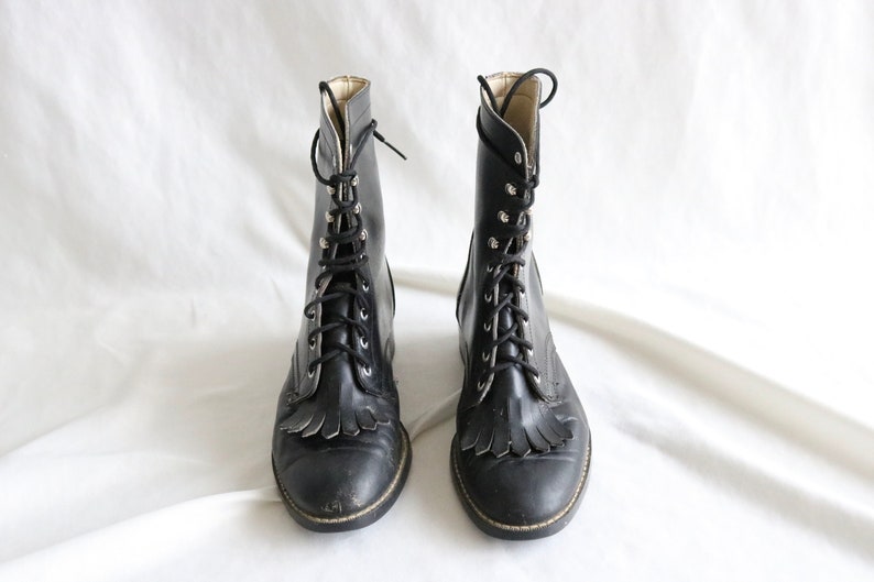 USA black leather lace boots 7.5/8 vintage 90s lace western cowboy cowgirl boots Justin shoes roper ropers image 3