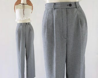 micro houndstooth trousers - 23-25 - vintage 90s y2k black white womens check plaid  hight waist pleat front XS