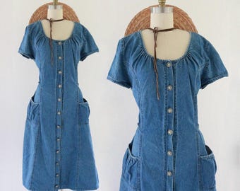 tie back denim dress - l - vintage womens 90s