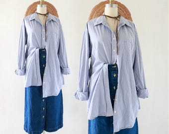 plaid cotton button top - l tall - vintage 90s y2k blue check gingham long sleeve shirt blouse large