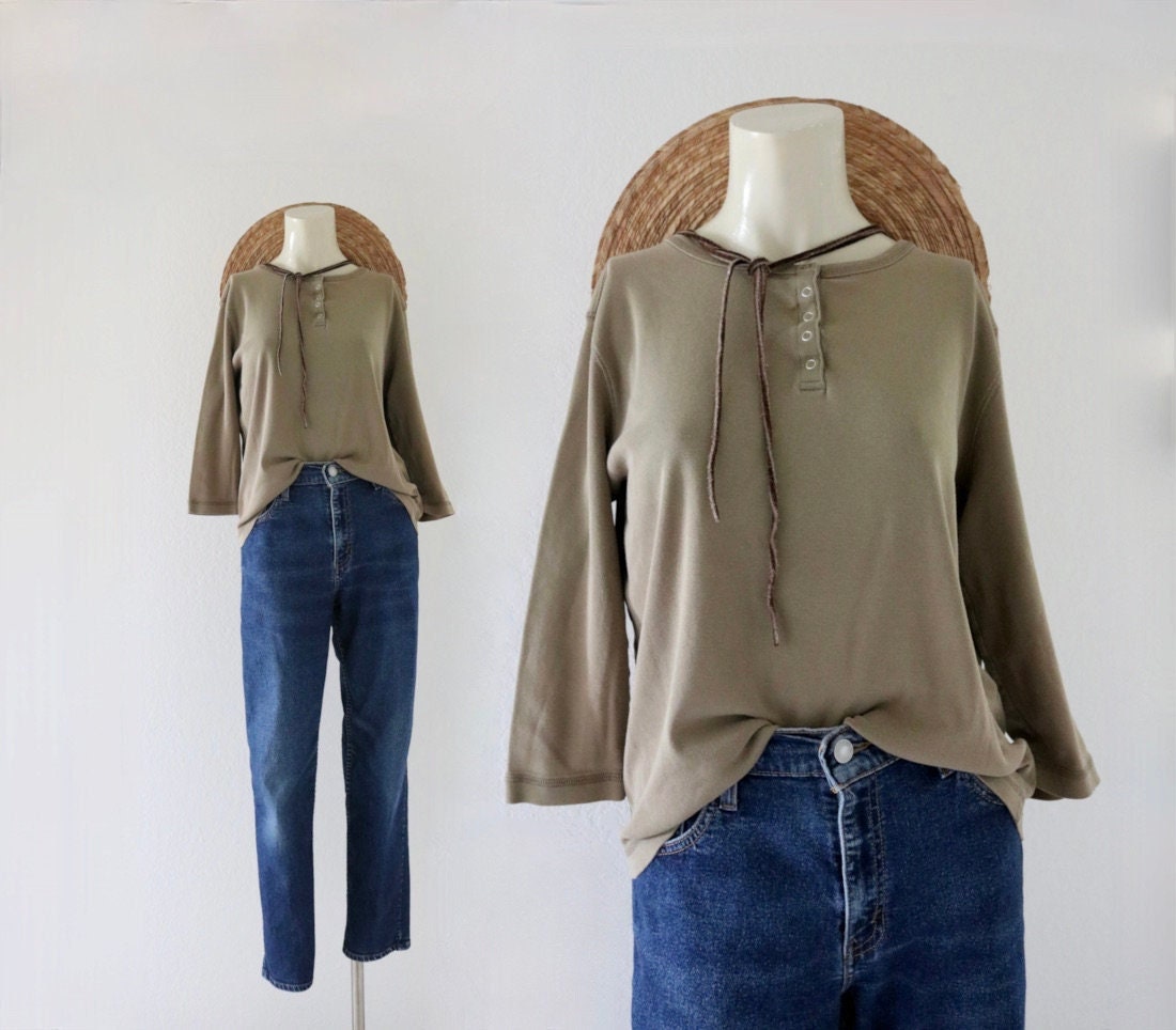 worrrn mocha crop henley - l - vintage 90s y2k brown beige womens size large cropped shirt
