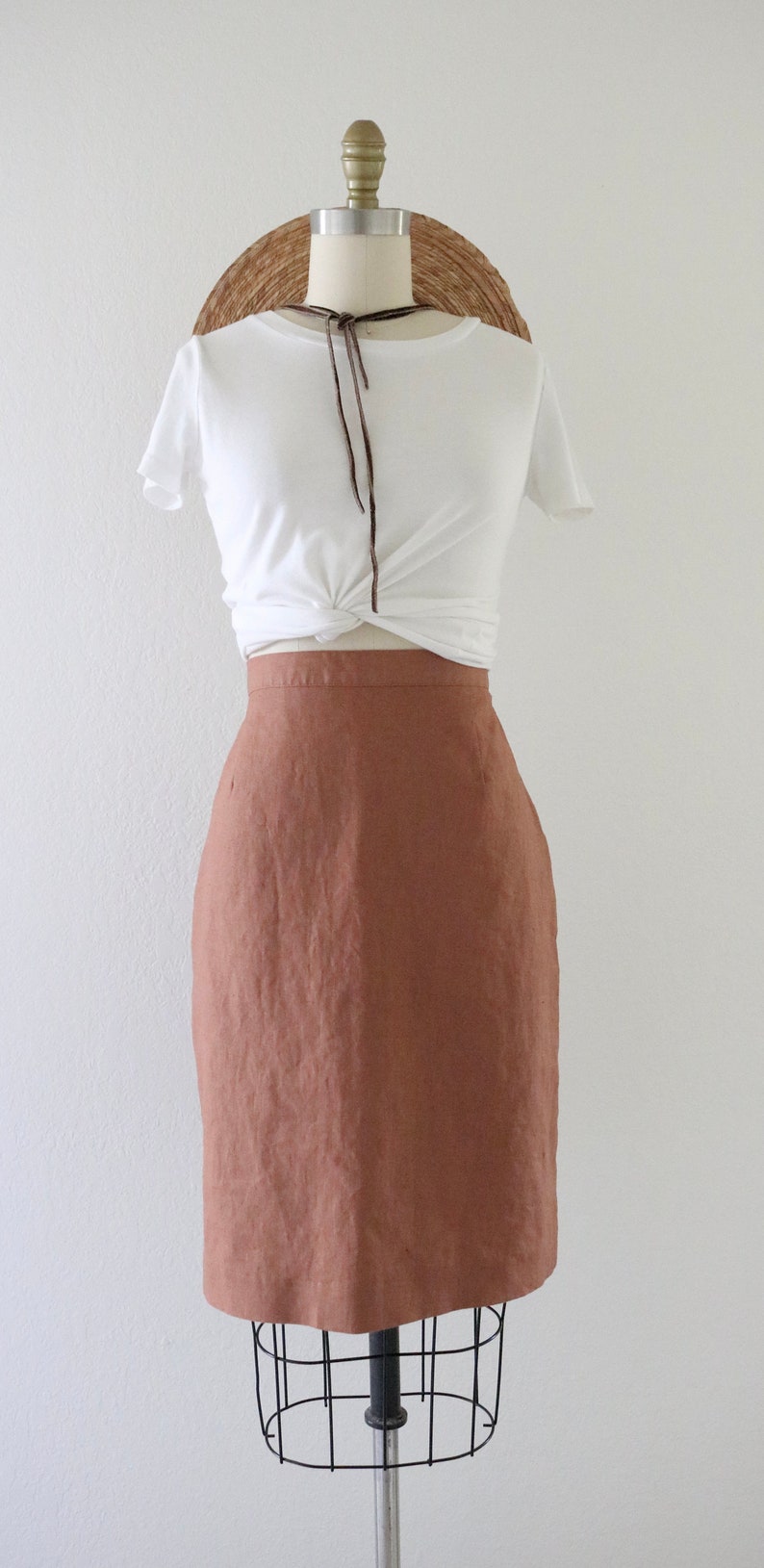 linen terra cotta skirt - 29.5-31 - vintage 90s y2k womens orange brown size 8 above knee minimal mini skirt