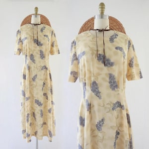 wisteria maxi dress - m - vintage 90s y2k watercolor floral flowery long ankle womens short sleeve sheer size medium cottage