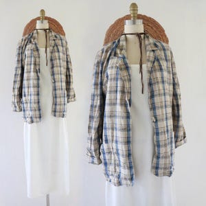 plaid linen jacket - womens vintage 90s y2k beige brown tan long sleeve light spring summer jacket shacket