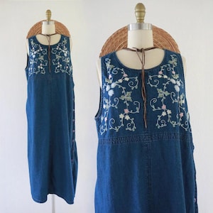 embroidered denim maxi dress - l - vintage 90s y2k 1990s blue jean cute floral cottage cottagecore size large long maxi sleeveless