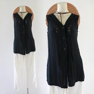 daisy embroidered gauze tunic - s - vintage 90s y2k 1990s black rayon sheer cute cottage sleeveless shirt blouse top small