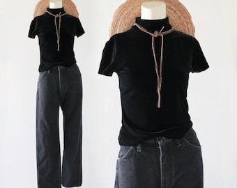 black velvet tee - xs - vintage 90s 1990s black mock neck short sleeve top shirt blouse velvet