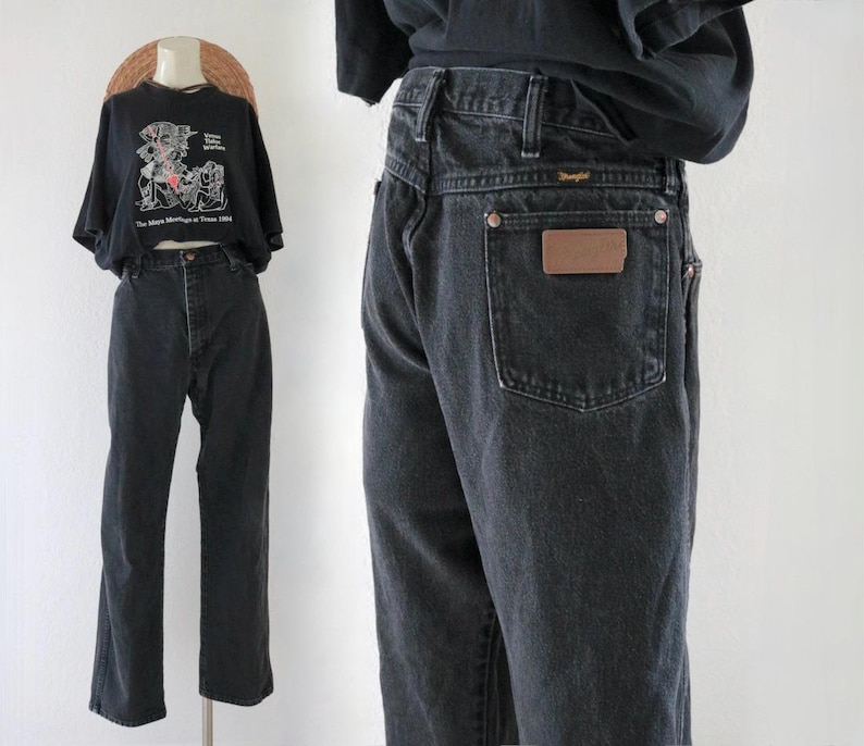 worrrn wrangler jeans - 33 - vintage 90s y2k black western cowgirl cowboy jeans image 1