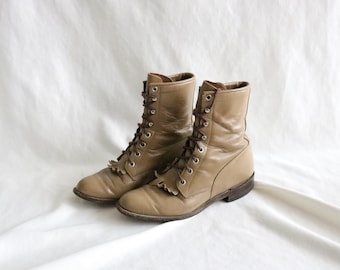 USA driftwood leather lace boots - 7.5 - vintage 90s brown tan beige lace western cowboy cowgirl boots Justin shoes taupe seven