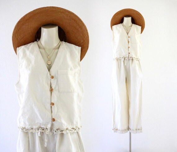 cutwork linen pants set - m
