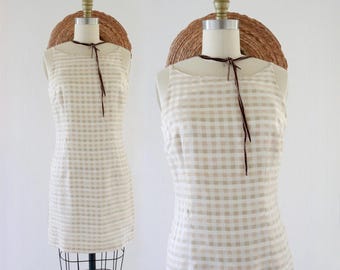 champagne check dress - s - vintage 90s 1990s beige brown plaid size small womens short summer sun sleeveless summer cute cottage