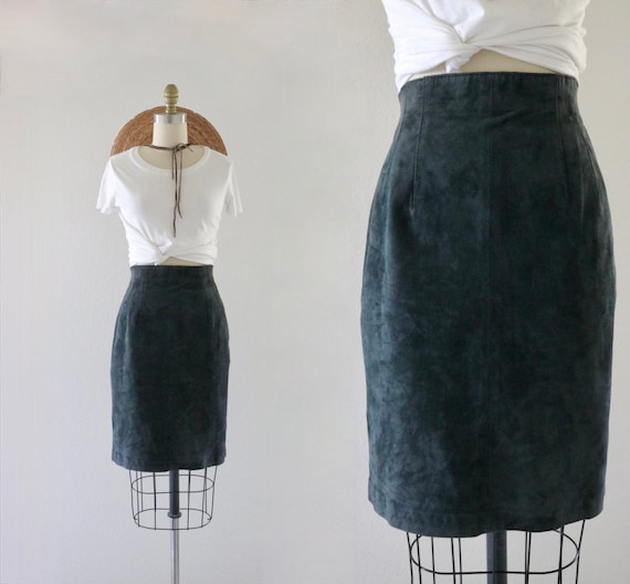 jade suede skirt - 27 - vintage 90s y2k dark gree… - image 1
