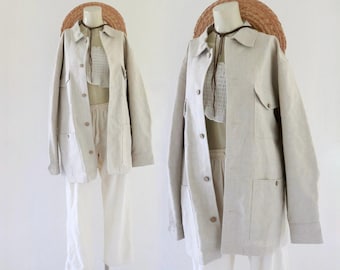 natural linen jacket - l - vintage 90s y2k beige light lightweight summer fall prep school academia library jacket