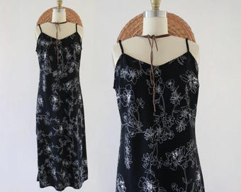 Vestido lencero negro con estampado floral - M - Vestido largo vintage años 90 Y2K para mujer, estilo cottagecore, gótico, talla mediana, para el sol de verano.