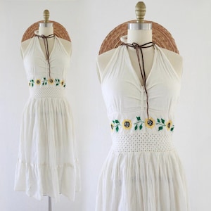 1970s embroidered gauze halter dress - vintage 70s womens floral cotton boho hippie Mexico Mexican long festival dress