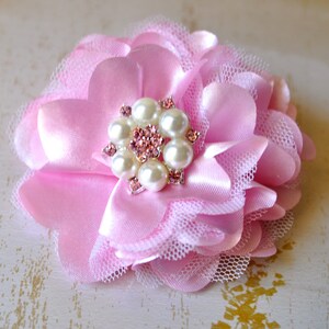 Tulle and satin flower clip with rhinestones in a variety of colors. You select color. image 10