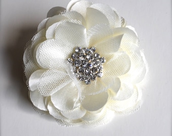 Tulle and satin flower clip  with rhinestones in a variety of colors. You select color.