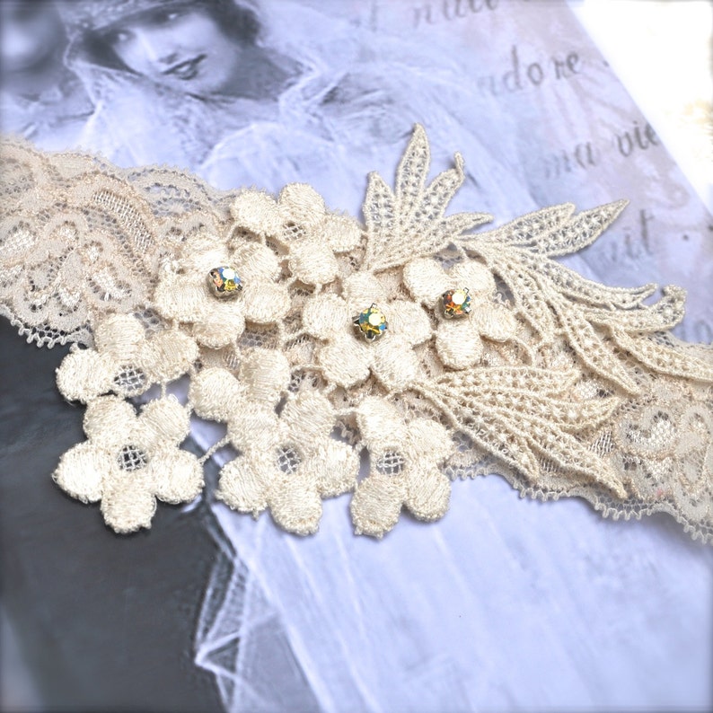Christening vintage cream ivory lace headband with small rhinestones for baby girls. image 3