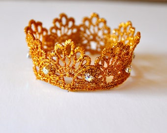 Princess gold, silver or white lace filigree jeweled crown. Photo prop or costume for infants, girls, teens or women