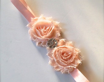 Vintage peach shabby chic rhinestone blossom headband shabby for women, girls or baby girls. Crystal rhinestone accent.