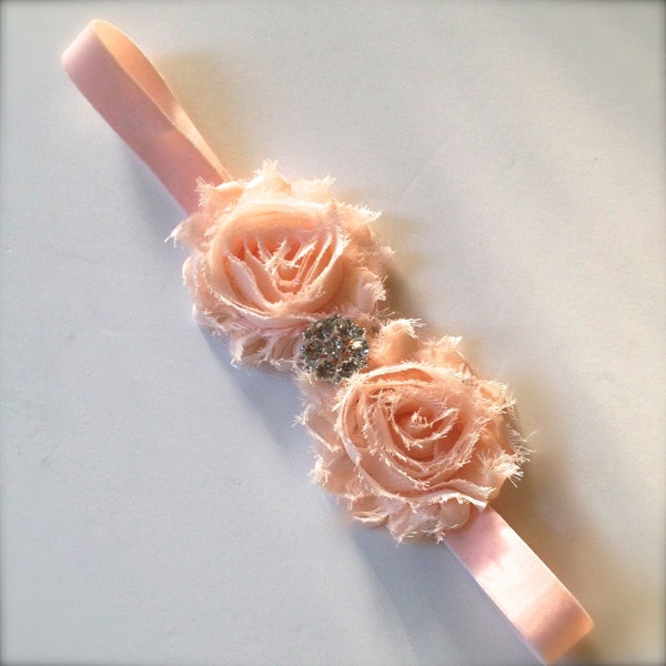 Vintage peach shabby chic rhinestone blossom headband shabby for women, girls or baby girls. Crystal rhinestone accent.