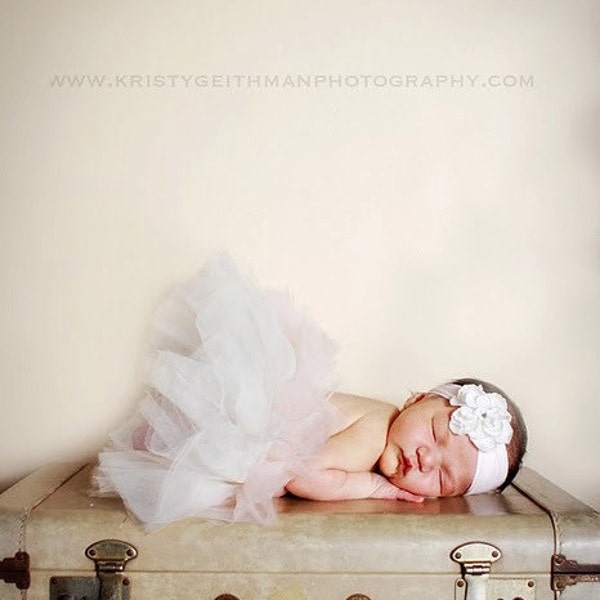 Ivory and blush pink newborn sewn tutu and hair clip-- portrait and nursery  decoration..