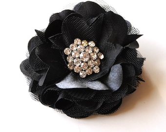 Tulle and satin flower clip  with rhinestones in a variety of colors. You select color.