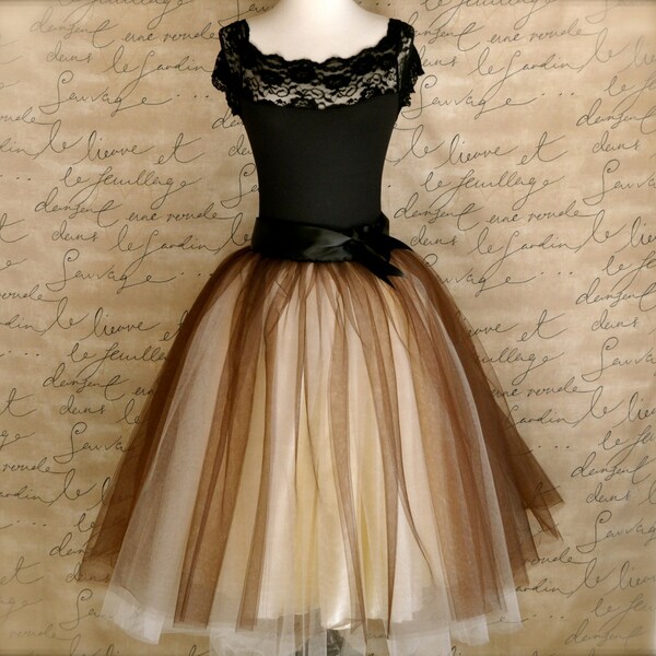 Chocolate brown and cream tutu for women. One of our popular tulle skirts, now with wide black ribbon waist.