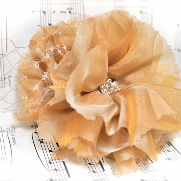 Champagne flower pin and hair clip--silk, french netting and a crystal rhinestone. For girls or women.