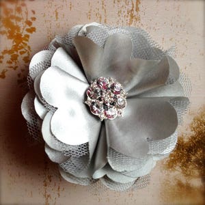 Tulle and satin flower clip with rhinestones in a variety of colors. You select color. image 4