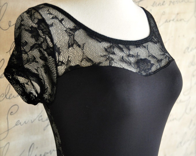 Womens Black Lace Leotard With Low Back Short Sleeves Ballet Etsy