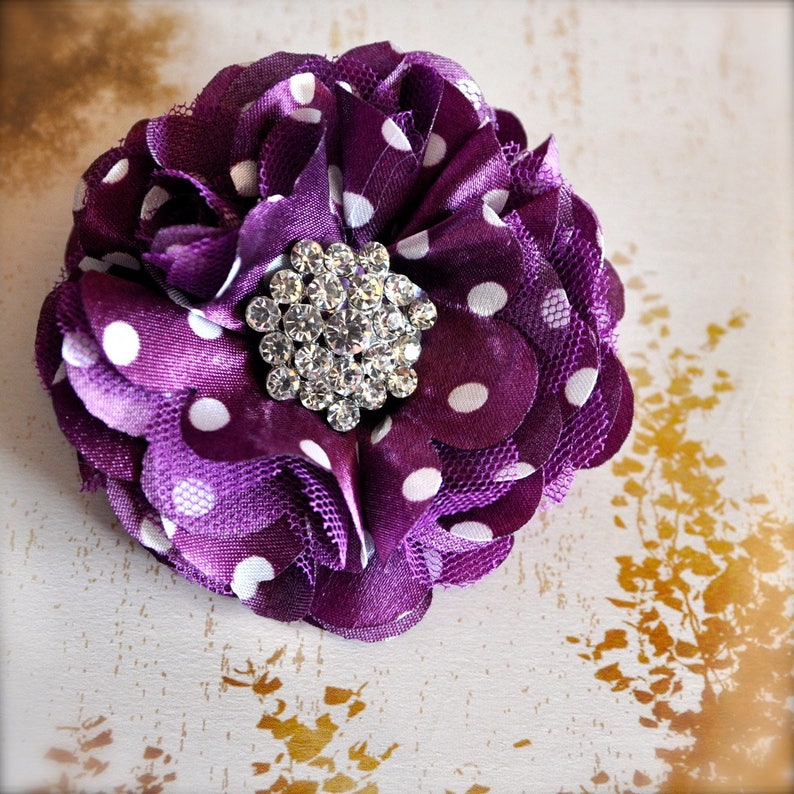 Tulle and satin flower clip with rhinestones in a variety of colors. You select color. image 1