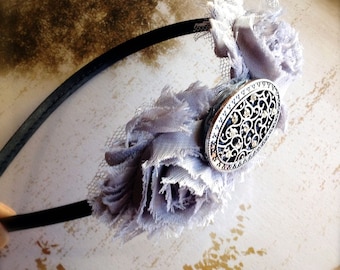 Shabby blossom antique silver filigree headband for women or girls. Choose from over 40 colors.