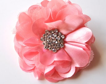 Tulle and satin flower clip  with rhinestones in a variety of colors. You select color.