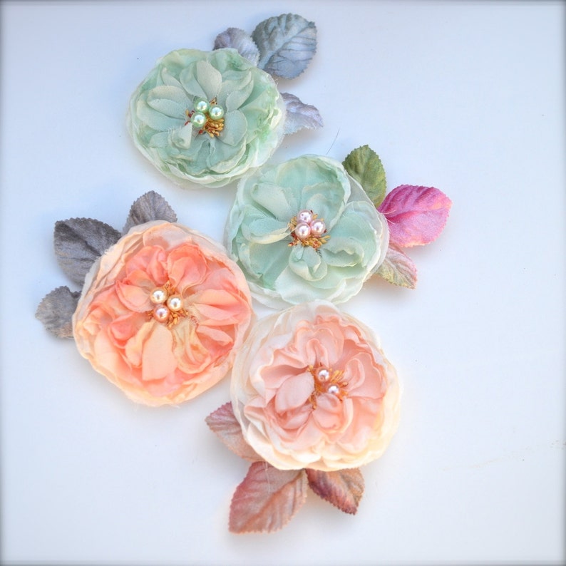 Vintage blush or peach blossom hair clip with velvet leaves. Soft and romantic. Brides, bridesmaid hair accessory. Also in mint. image 3