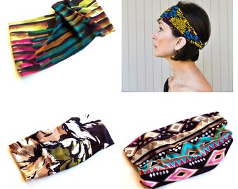 Boho stretch print headbands. Scrunch headband, boho headband, twist, dreadlock accessories, yoga, non slip, womens headband