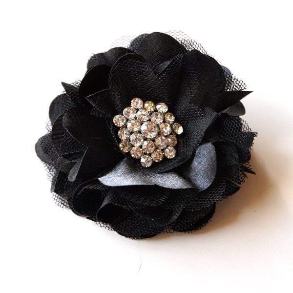 Sale Satin flower clip and pin with large rhinestones in black, red, ivory, eggplant, teal, white, yellow, silver, peach, orange, pink.