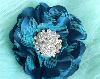 Tulle and satin flower clip  with rhinestones in a variety of colors. You select color.