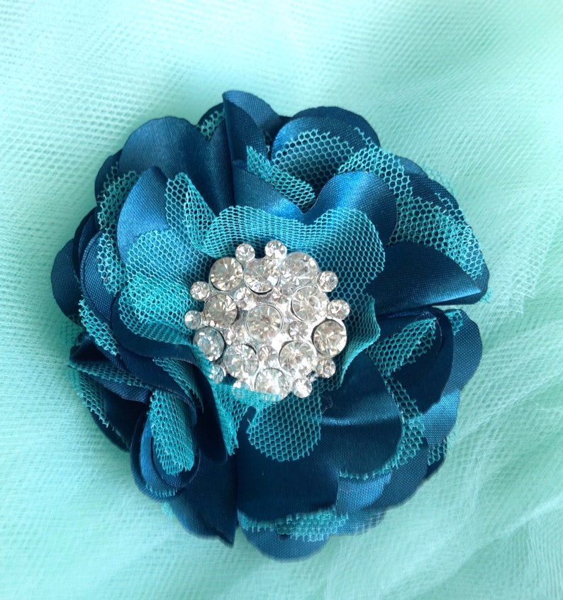 Tulle and satin flower clip with rhinestones in a variety of colors. You select color. image 2
