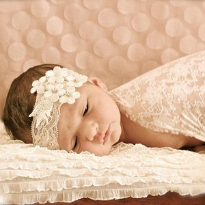 Christening vintage cream ivory lace headband with small rhinestones for baby girls. image 2