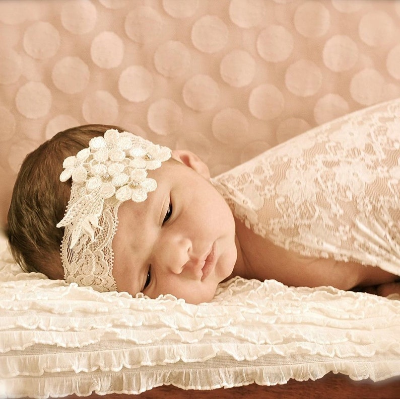 Christening vintage cream ivory lace headband with small rhinestones for baby girls. image 2