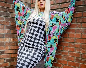 Long Shrug Bolero Cover up Sweater - Plus Size & Standard Size - Aqua Print