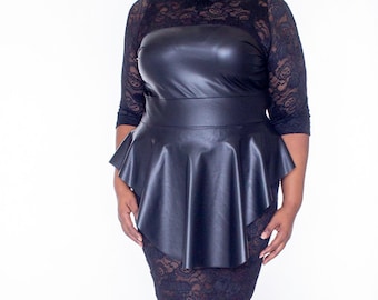 Plus size Faux leather and lace peplum dress  - Sheba