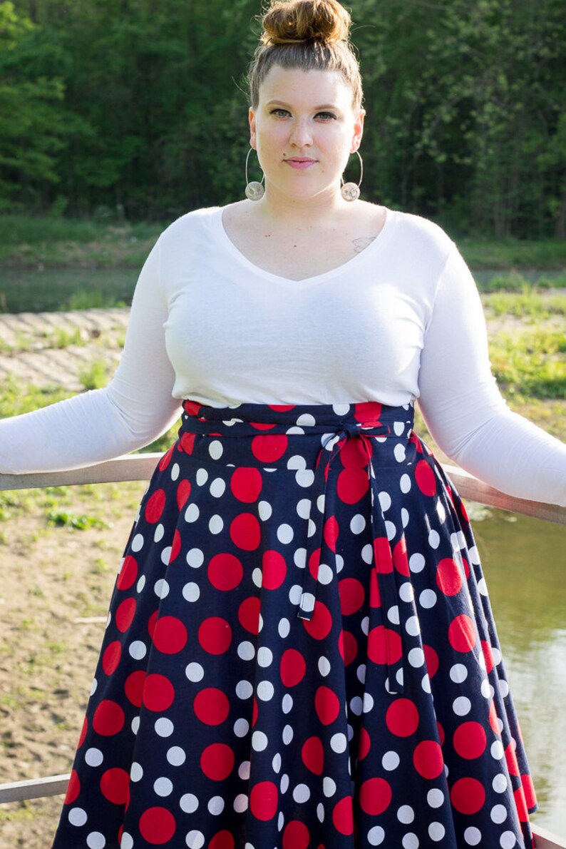 Plus Size Midi Skirt Navy Red and White Polka Dot plus size | Etsy
